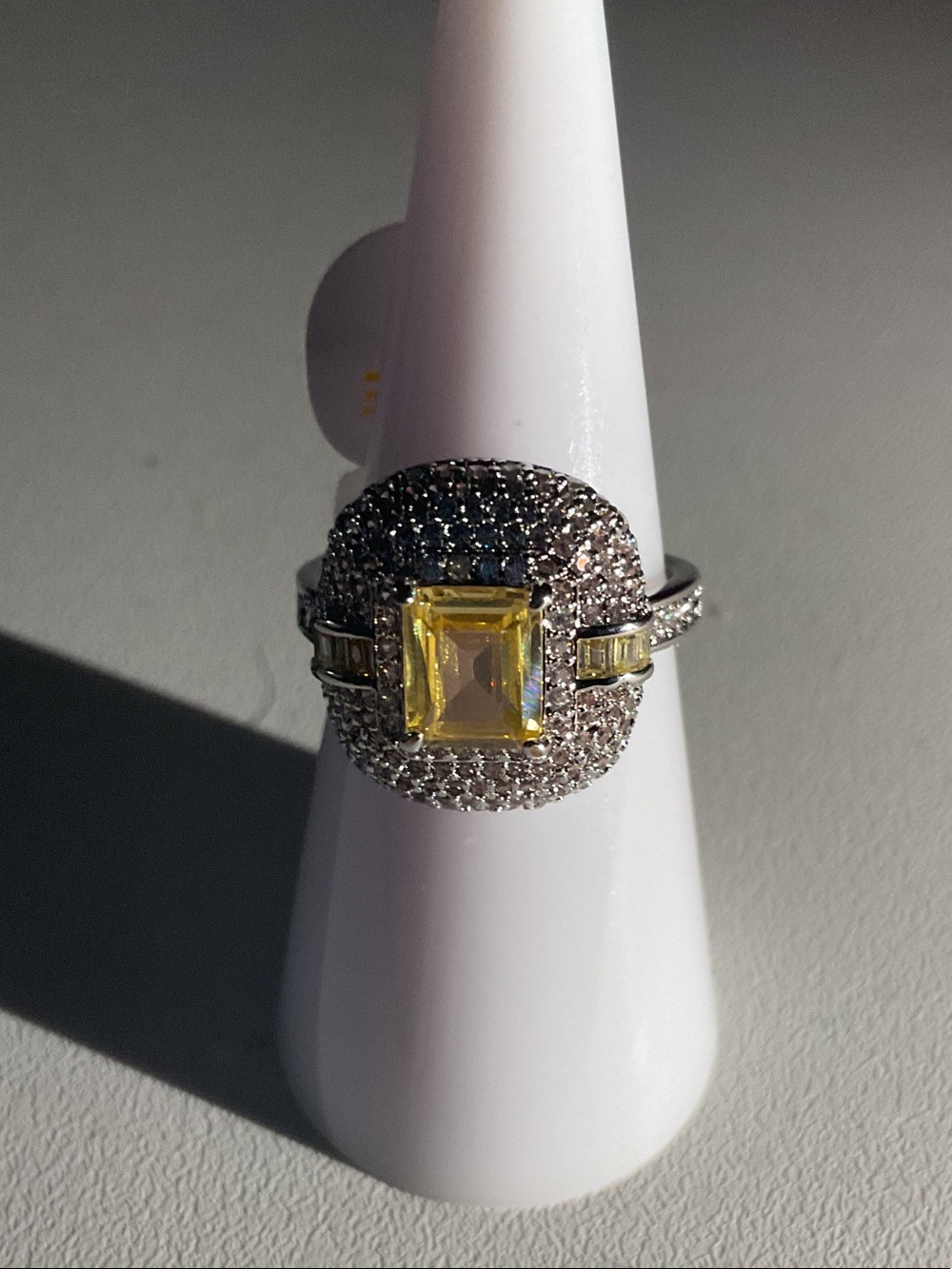 bp Yellow Emerald-Cut Halo Ring with Pavé Accents